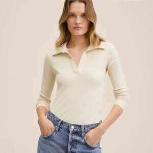 MANGO Ribbed Cotton Polo Shirt in Ecru